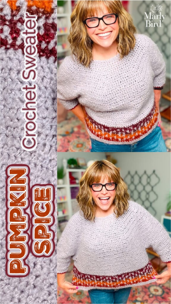 Marly Bird wearing the Pumpkin Spice mosaic crochet cropped sweater... free beginner crochet colorwork sweater pattern