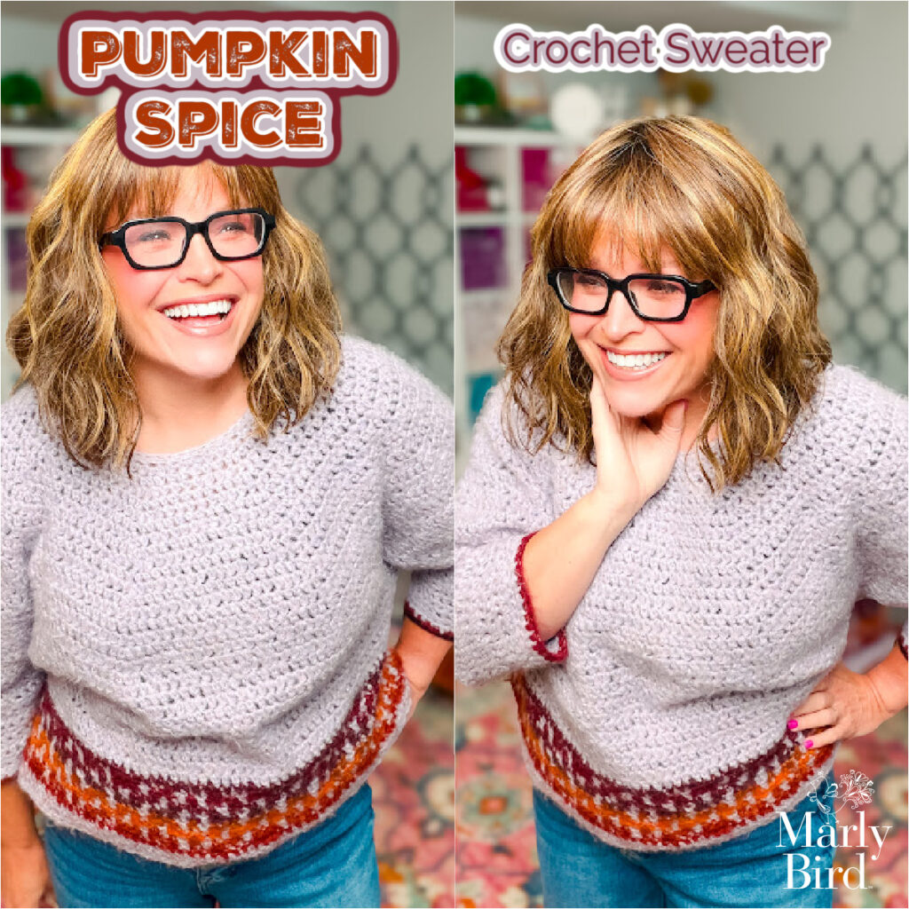Marly Bird wearing the Pumpkin Spice mosaic crochet cropped sweater with colorwork detail