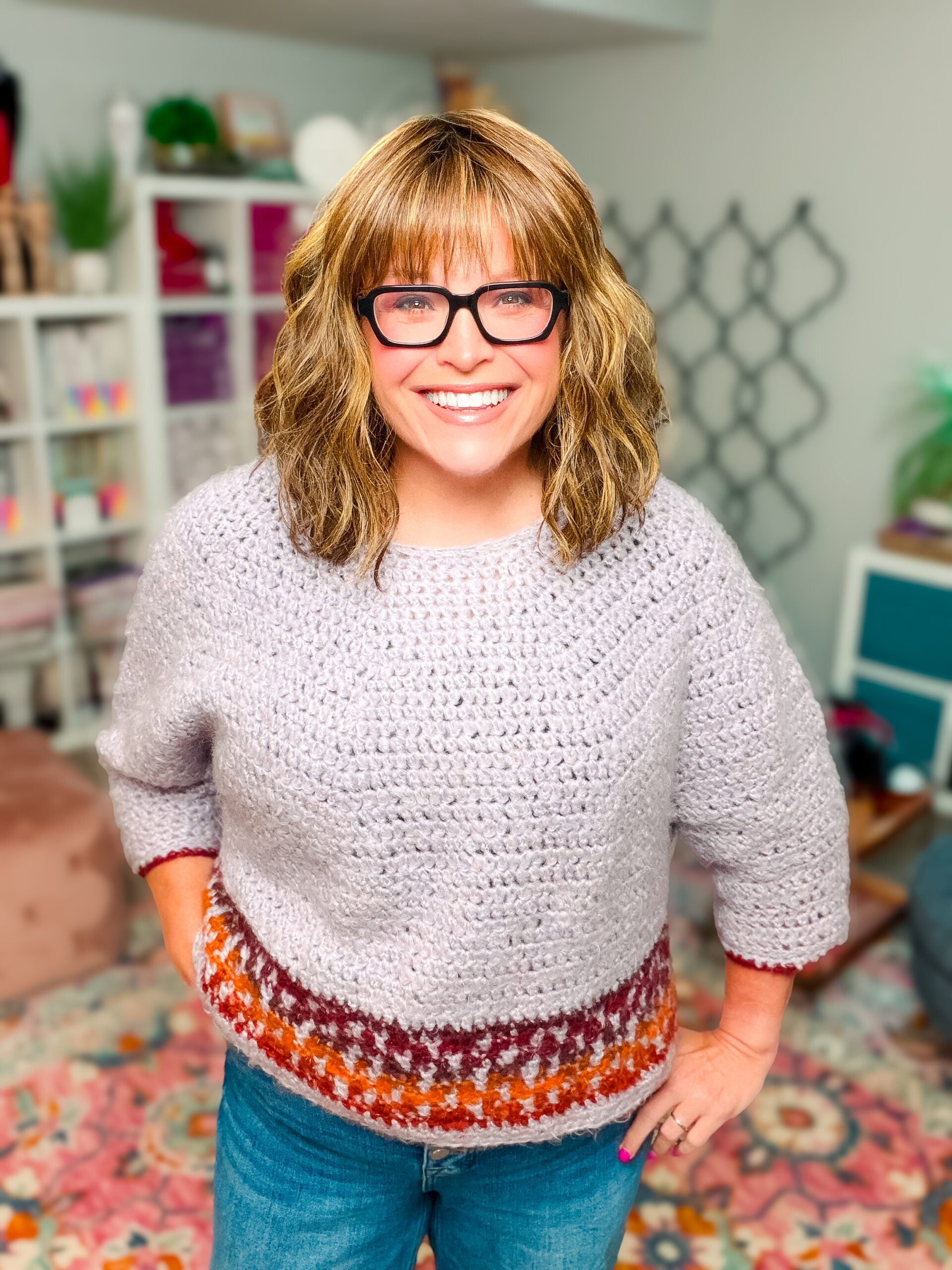 Marly Bird wearing the Pumpkin Spice mosaic crochet cropped sweater... free beginner crochet colorwork sweater pattern by Marly Bird