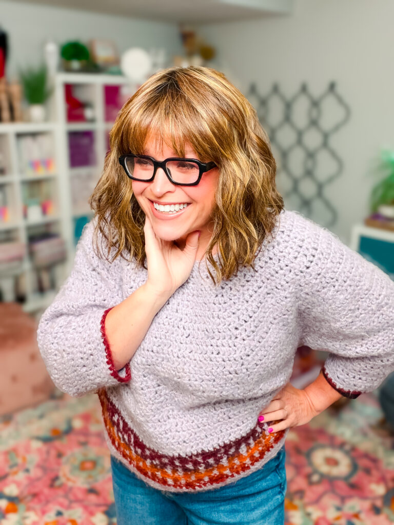 Marly Bird in the refreshed Pumpkin Spice Cropped Crochet Sweater... free beginner mosaic crochet pattern