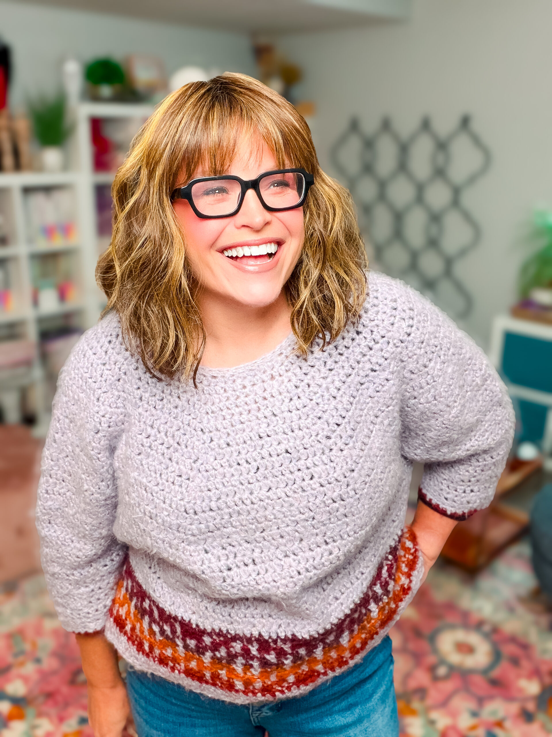 Marly Bird in the Pumpkin Spice Cropped Crochet Sweater... free beginner mosaic crochet pattern by Marly Bird and Robyn Chachula