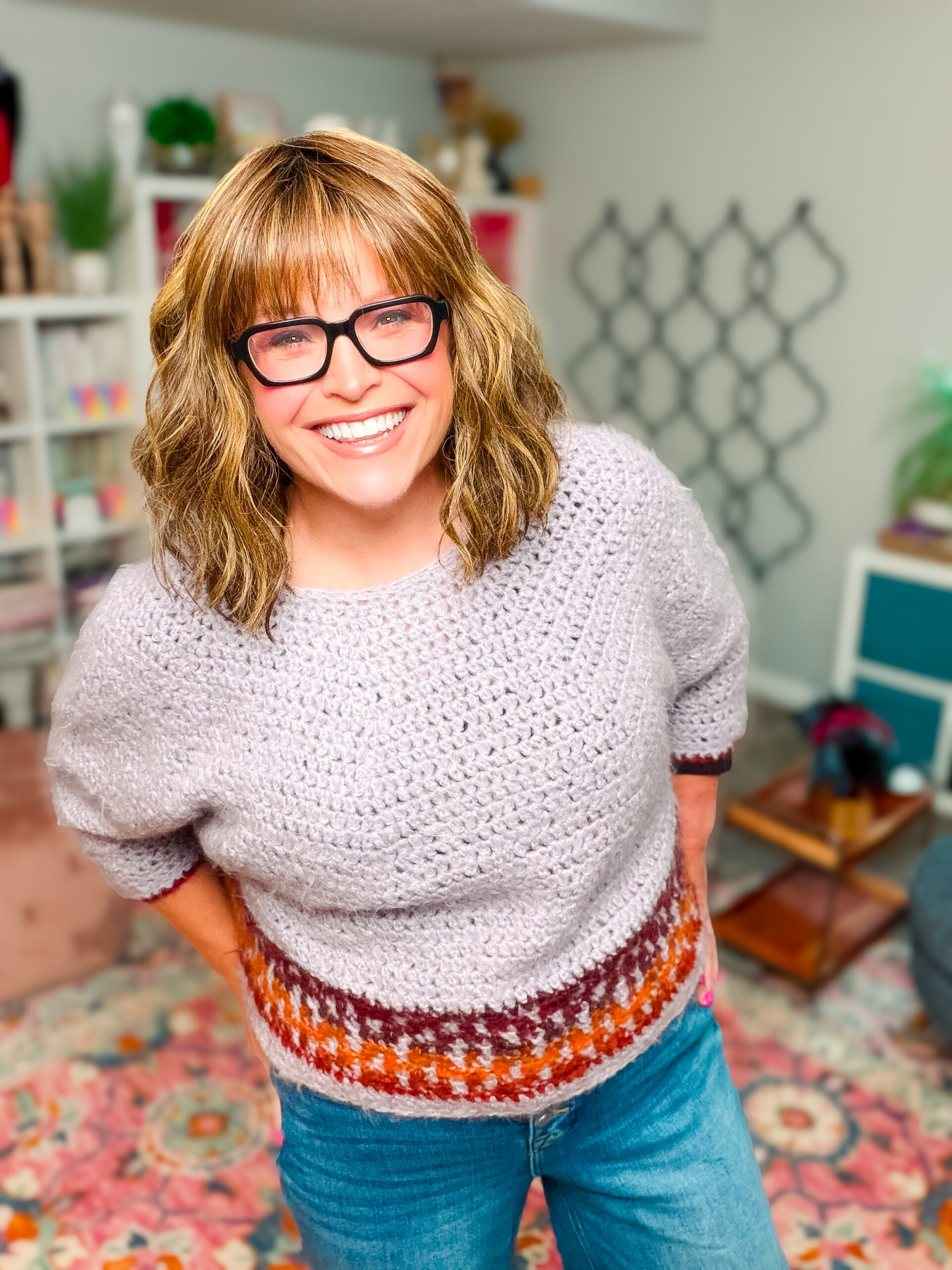 Marly Bird wearing the Pumpkin Spice mosaic crochet cropped sweater... free beginner crochet colorwork sweater pattern by Marly Bird