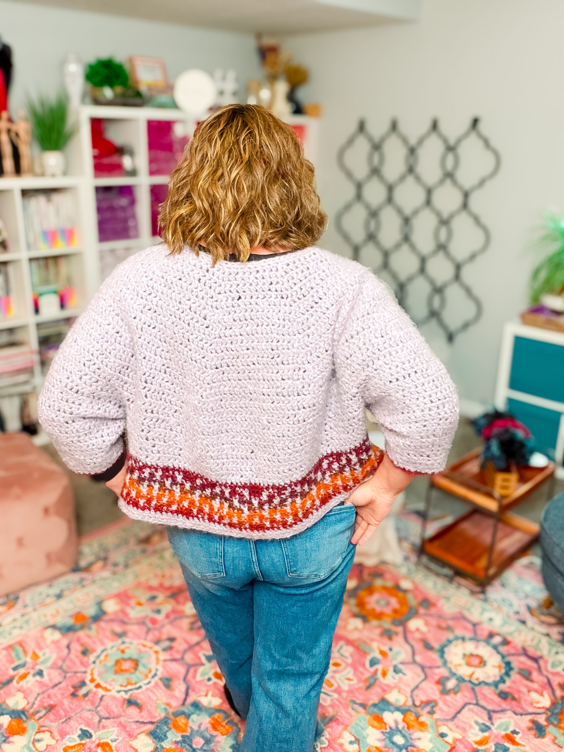Marly Bird wearing the Pumpkin Spice mosaic crochet cropped sweater... free beginner crochet colorwork sweater pattern by Marly Bird