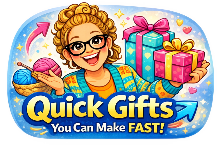 Woman with glasses holds wrapped knit gifts and a yarn basket, surrounded by colorful hearts and stars.