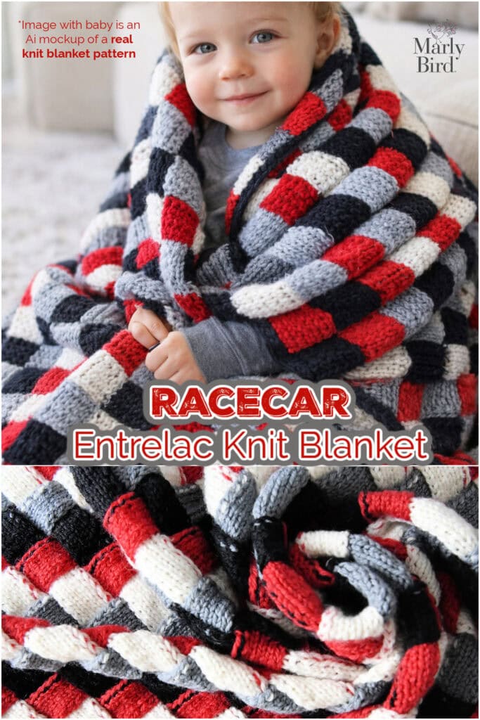 A smiling baby is wrapped in a thick, textured knit blanket with a bold red, black, gray, and white entrelac pattern—an ideal knit baby blanket gift. The bottom of the image shows a close-up of the blanket’s woven texture. -Marly Bird