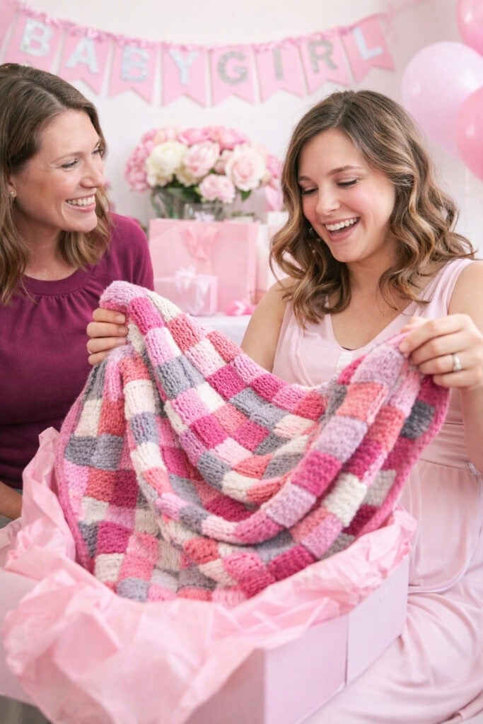 Two women smile at a baby shower with a "Baby Girl" banner and pink decorations behind them. One holds up an entrelac knit baby blanket from a gift box lined with pink tissue paper, showcasing the thoughtful knit baby blanket gift. -Marly Bird