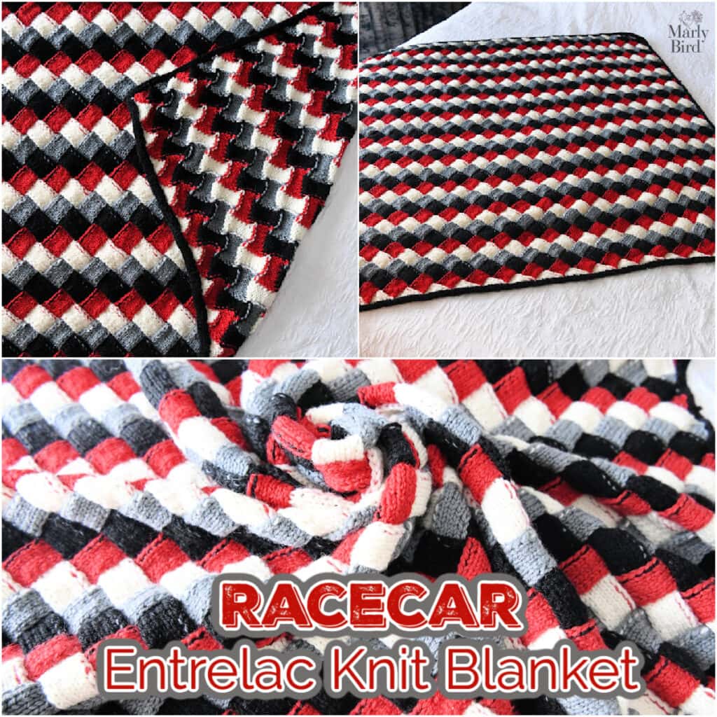 A blanket with a textured entrelac knit pattern in red, black, white, and gray is shown folded, laid flat, and rolled up. Text reads: "RACECAR Entrelac Knit Blanket." Perfect as an entrelac knit baby blanket or for entrelac knitting for babies. -Marly Bird