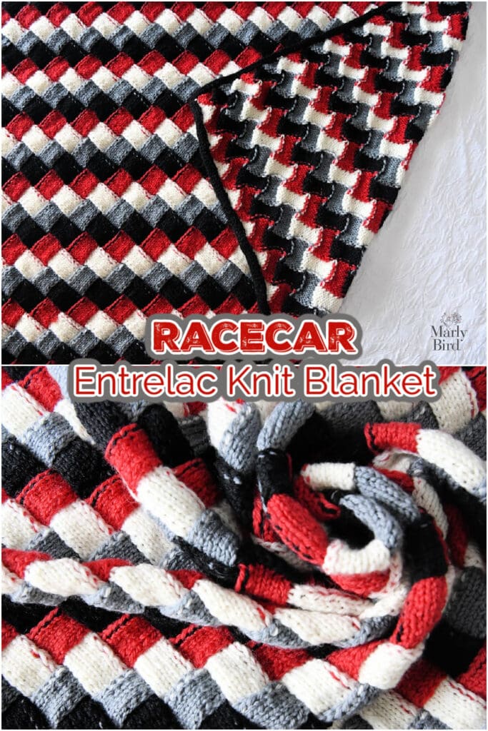 A knit blanket with a red, black, gray, and white checked entrelac pattern is shown folded and partially unrolled. Text reads: "RACECAR Entrelac Knit Baby Blanket"—a perfect knit baby blanket gift or baby blanket knitting pattern. -Marly Bird