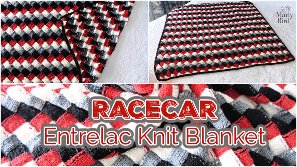A black, red, white, and gray knit blanket with a textured entrelac pattern is shown folded and flat. The text reads "Racecar Entrelac Knit Blanket," perfect as an entrelac knit baby blanket or a unique baby blanket knitting pattern. -Marly Bird