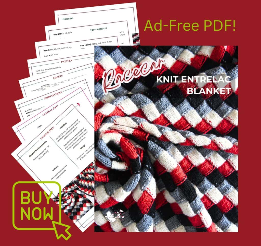 Cover of a "Raecca Knit Entrelac Blanket" pattern featuring a vibrant entrelac knit baby blanket, stack of instruction sheets, and text: "Ad-Free PDF!” and “Buy Now" with a green button and mouse cursor. -Marly Bird