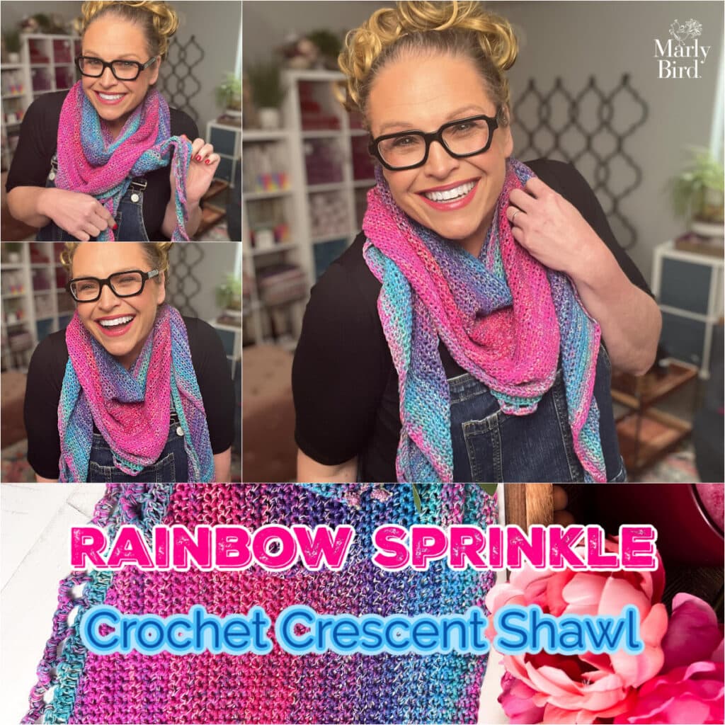 Woman models a vibrant crochet crescent shawl; close-ups highlight the shawl’s colorful stitches, texture, and a pink flower.
