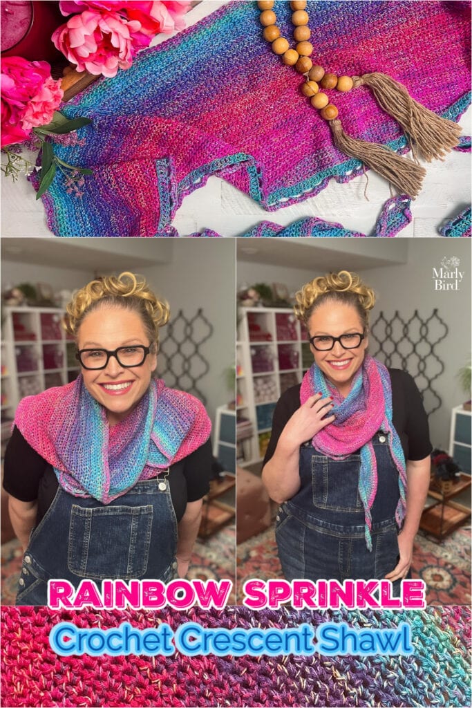 A crochet crescent shawl with colorful yarn and bead details, modeled over denim overalls; close-up of textured stitches.