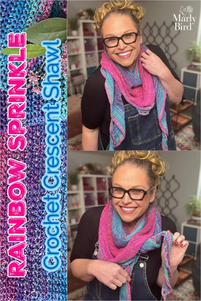 A woman wears a crocheted pink and blue crescent shawl, showing off its soft texture and simple stitch detail.