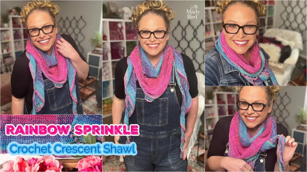 Woman wears a crochet crescent shawl in pink, purple, and blue; visible stitch texture and drape. Rainbow Sprinkles Shawl.