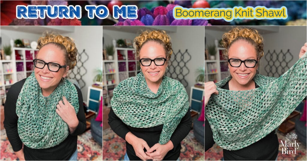 Woman with curly hair and glasses models a textured Boomerang Knit Shawl in three poses inside a cozy, warmly lit room.