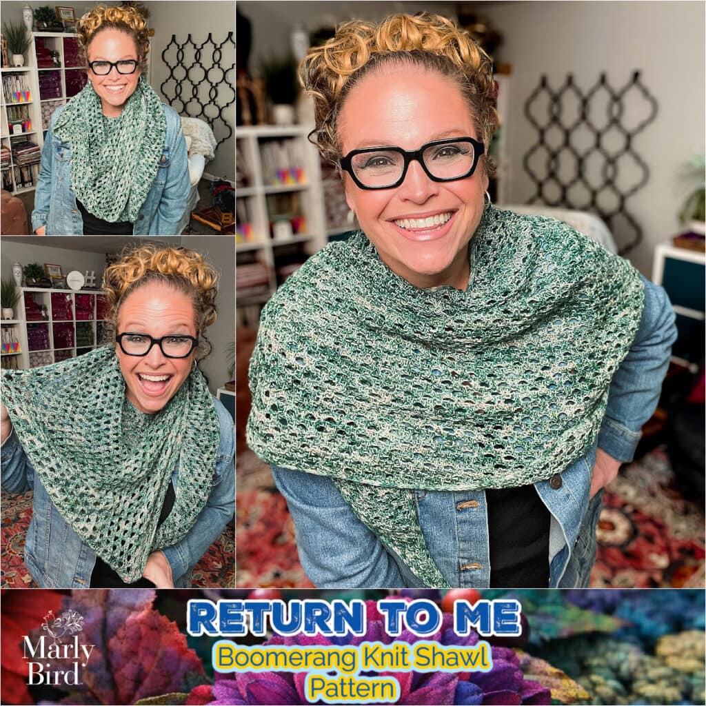 A green, boomerang-shaped knit shawl with visible stitch texture drapes over a woman in a colorful, cozy room.