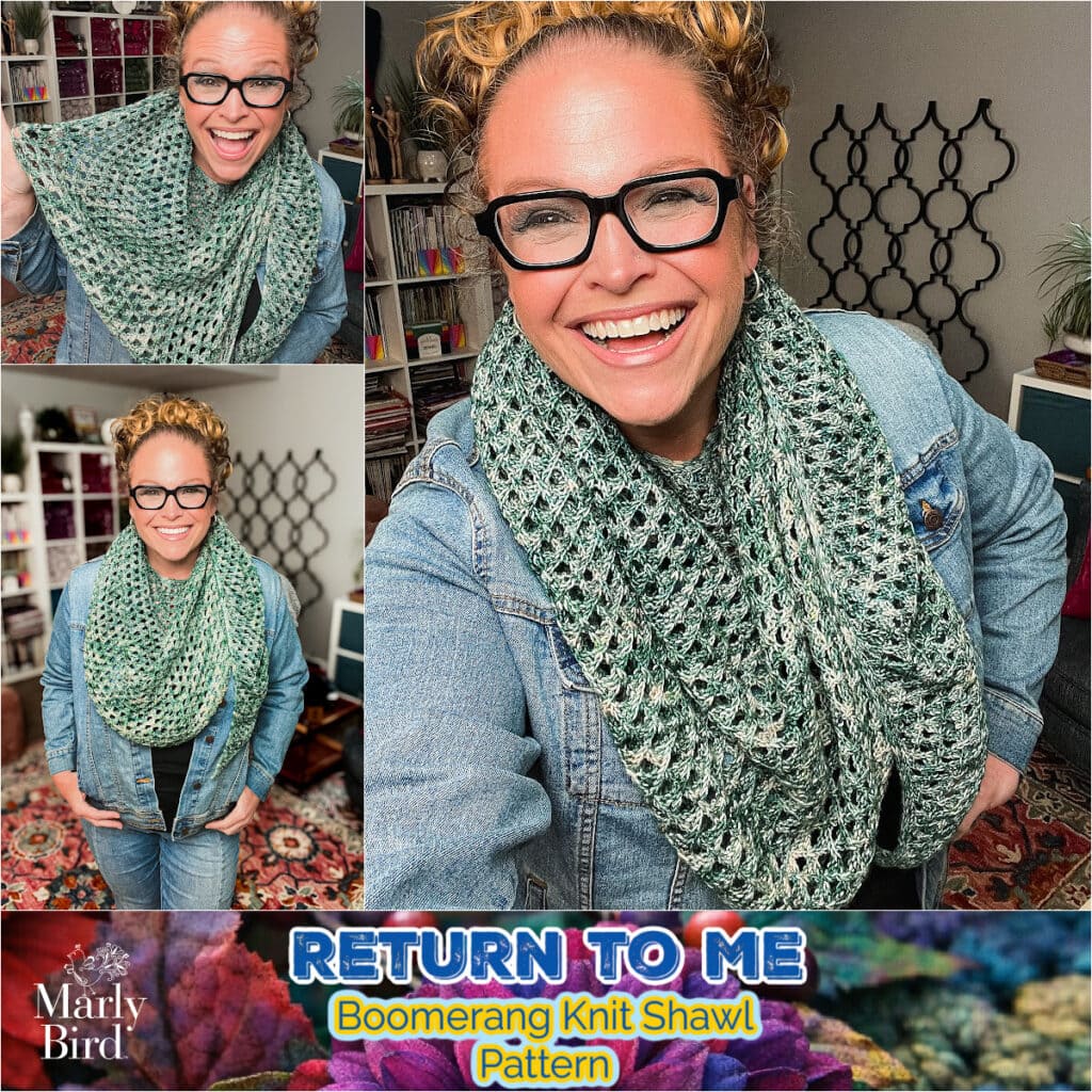 A green and white knit boomerang shawl shown worn in three ways, highlighting stitch detail and soft drape. free knit boomerang shawl pattern