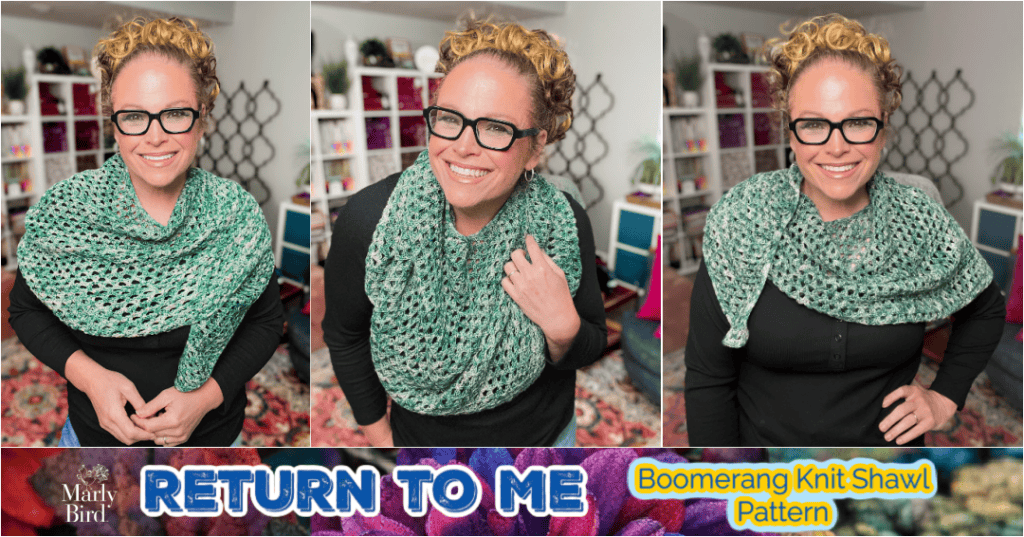 Return to Me Boomerang Knit Shawl Pattern by Marly Bird in sport weight merino yarn with cable and lace detail