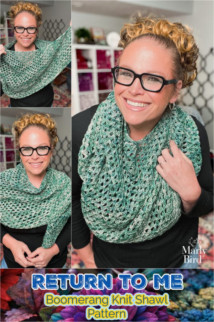 Marly Bird wears a green and white boomerang knit shawl, showing stitch detail in three poses; yarn shelves in background.