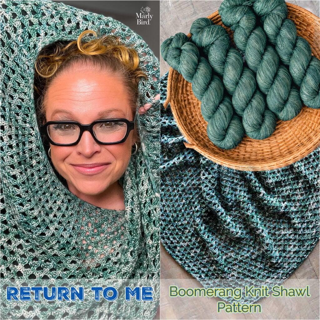 A woman models a green lace knit shawl; nearby, yarn and the finished boomerang-shaped shawl rest in a basket.