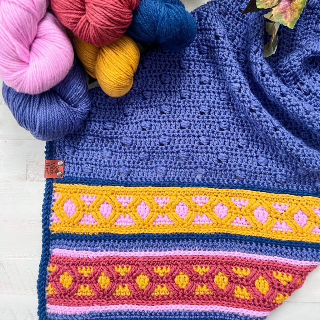 A crocheted blanket with a blue textured pattern and colorful geometric borders is displayed beside skeins of yarn on a white surface—perfect for your Marly Bird Turkey Trot Make-Along 2025 project. -Marly Bird