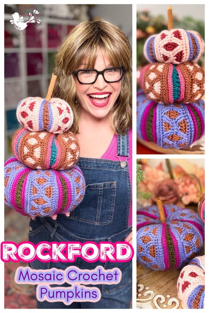Stacked trio of mosaic crochet pumpkins in pink, brown, and purple colorways