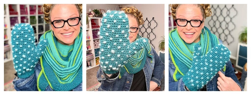 A smiling woman with curly hair and glasses shows off a chunky blue and white knit mitten in three poses, wearing a blue jacket and green striped scarf. Discover this cozy Andes-inspired look—perfect to try with a free knitting pattern for knit mittens!. -Marly Bird