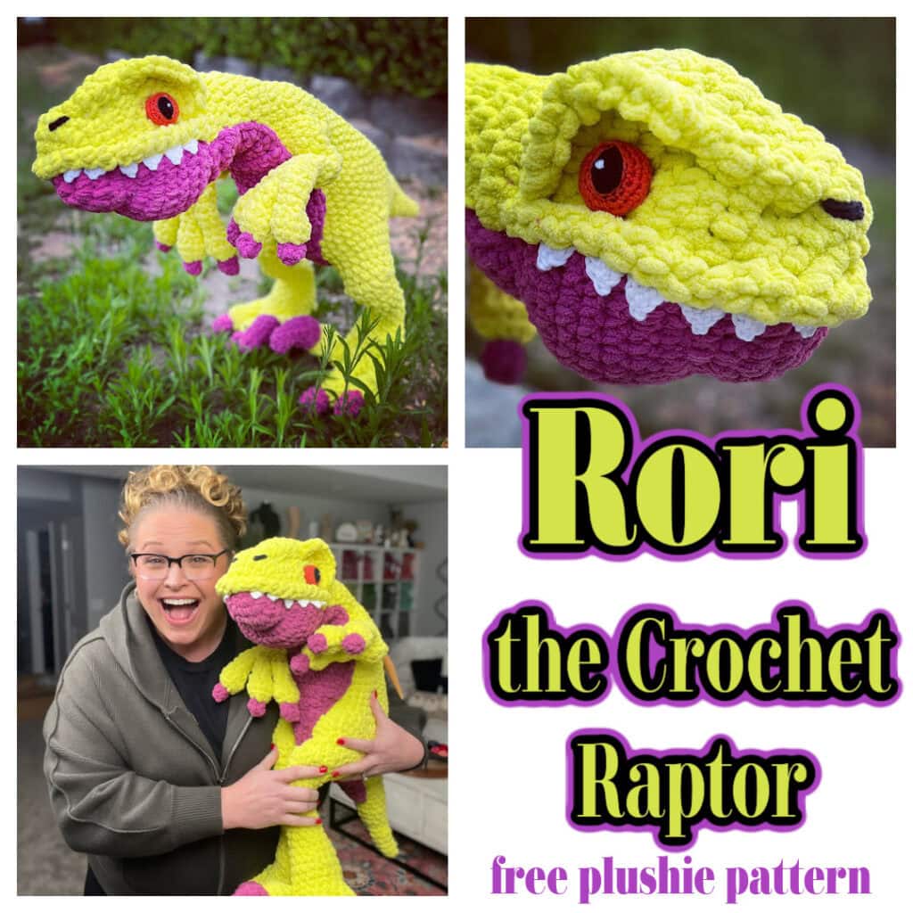 A collage featuring a crocheted dinosaur plush. The top left image shows it outdoors, while the top right highlights its face. Below, a person holds the dinosaur and smiles. Text reads, "Rori the Raptor: Free Crochet Pattern. -Marly Bird