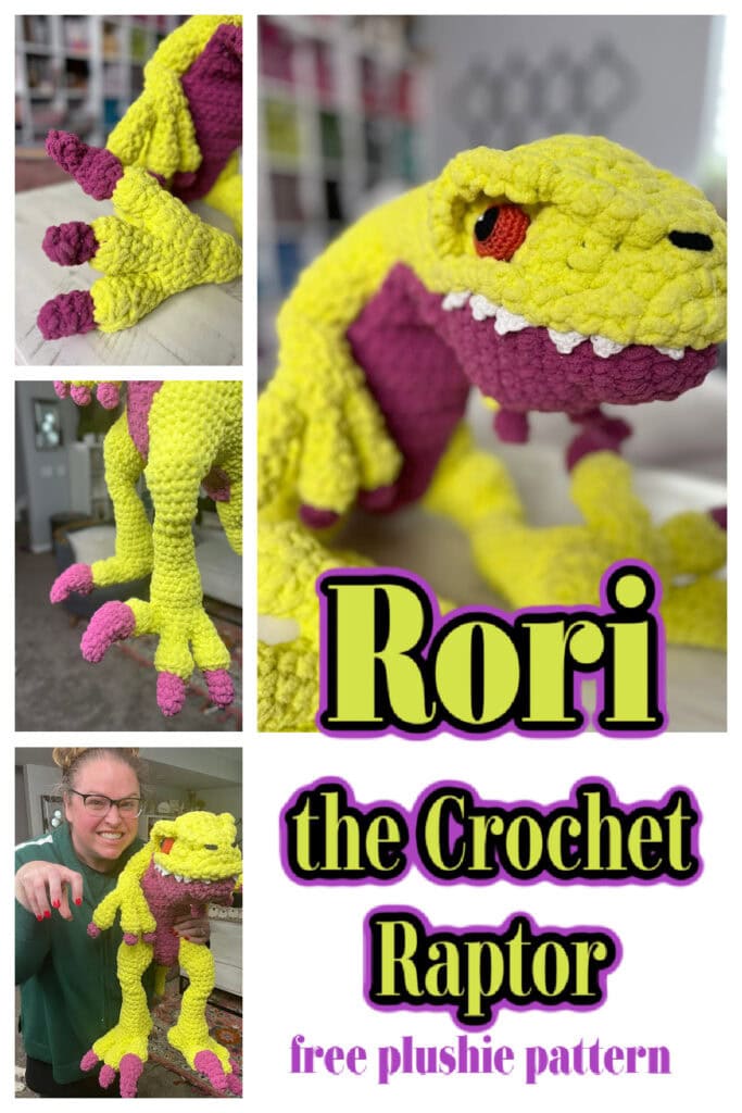 Collage of a crochet raptor plush in yellow and pink, showcasing close-ups of its claws and face. A person holds Rori the Raptor, smiling. The text reads: "Rori the Crochet Raptor, free Dinosaur Plush Crochet Pattern. -Marly Bird