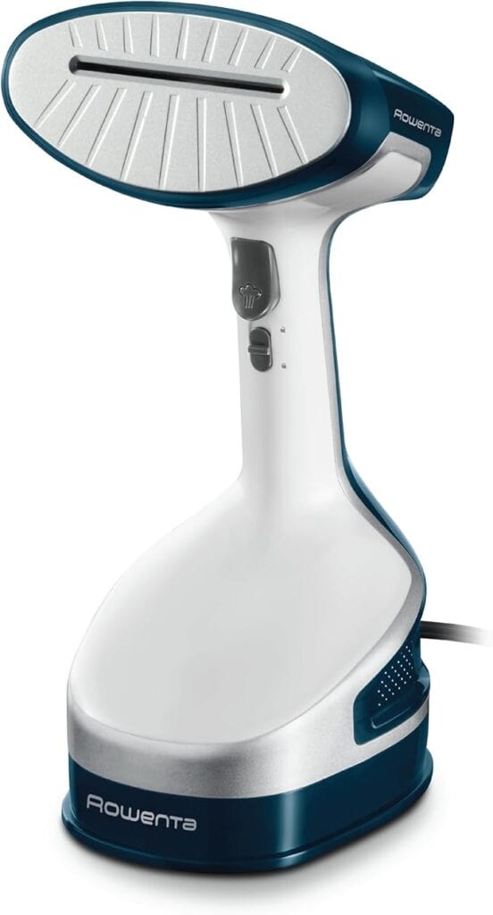 A handheld, upright garment steamer with a white and blue design, featuring a wide steam plate at the top—ideal for steam blocking vs wet blocking superwash yarn—and a visible Rowenta logo at the base. -Marly Bird