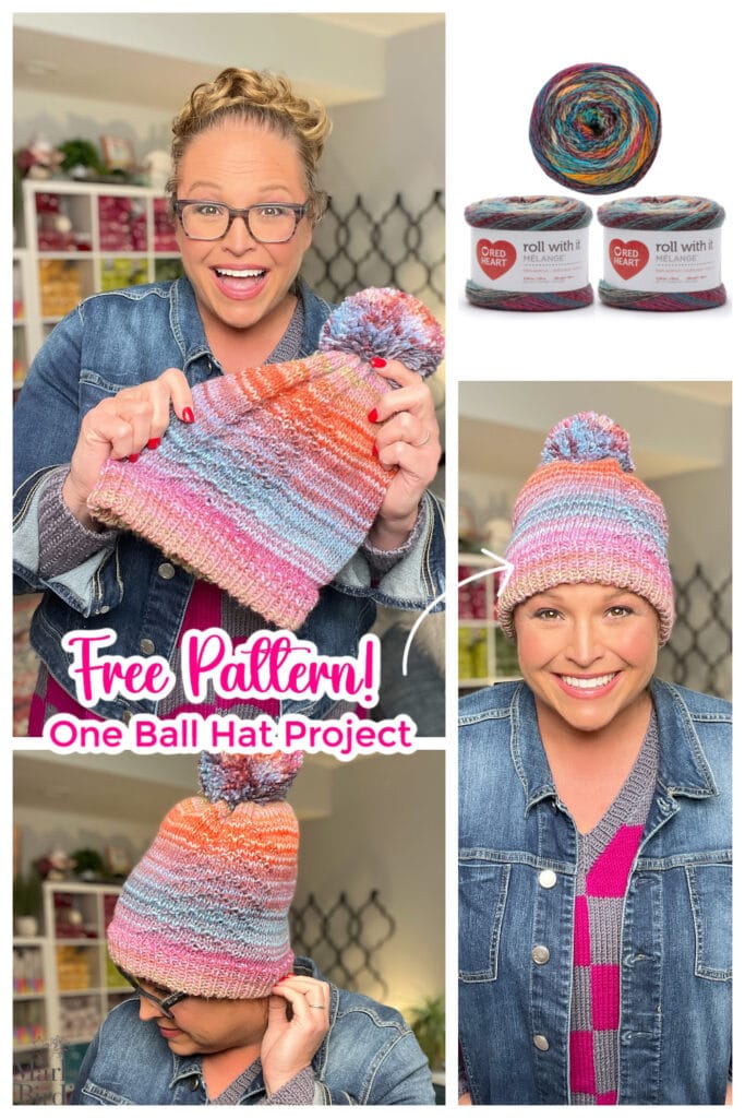 A smiling woman showcases a colorful knit hat with a pom-pom, made from gorgeous yarn. Yarn balls are nearby. Text reads “Free Pattern! One Ball Hat Project.” The woman models the knit hat, wearing glasses and a denim jacket. -Marly Bird