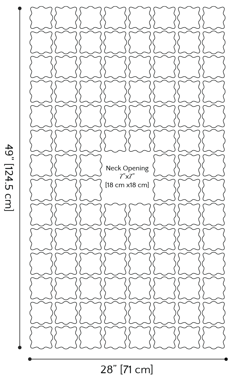 Crochet ruana schematic layout — rectangular grid of scalloped motif squares 12 rows by 7 columns with a central 7-inch neck opening.