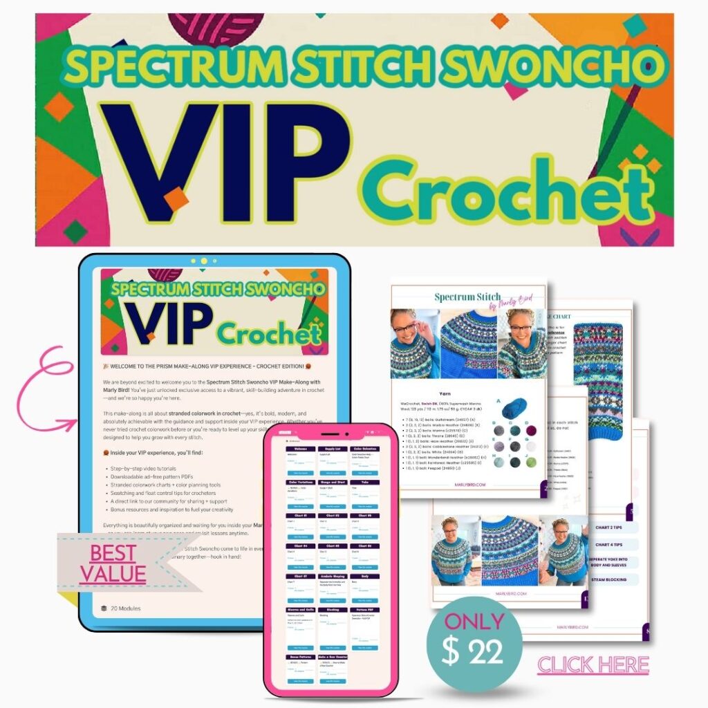 Colorful promotional image for the Spectrum Stitch Swoncho VIP Crochet bundle, featuring the spectrum stitch crochet swoncho pattern, a tablet, phone, printed pages, “ONLY $22” price tag, and "Best Value" & "Click Here" icons. -Marly Bird