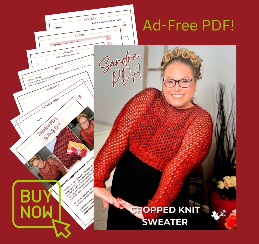 Woman wearing red cropped knit sweater with visible knit texture; crochet pattern pages shown beside her.