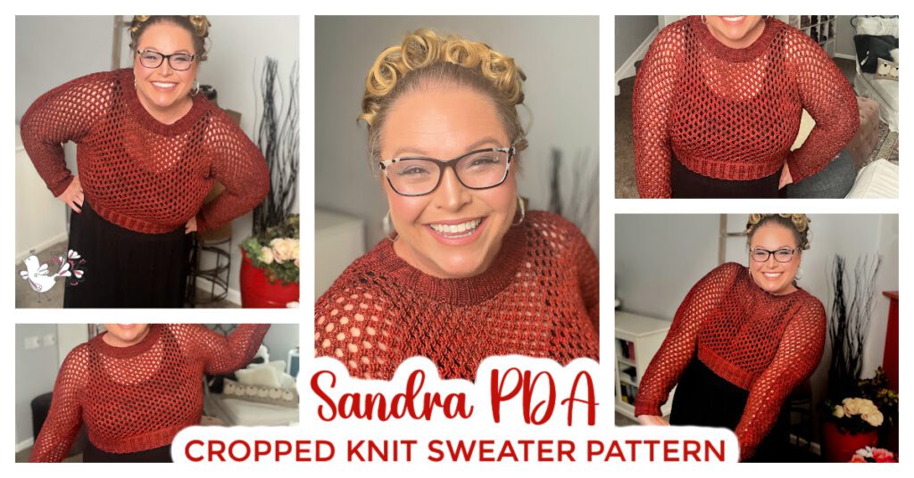 A cheerful person wearing a chic, red cropped knit sweater is featured in various poses in a collage. The central image shows a close-up of the smiling person with glasses and a unique hairstyle. Text at the bottom reads: "Sandra PDA Cropped Knit Sweater Pattern. -Marly Bird