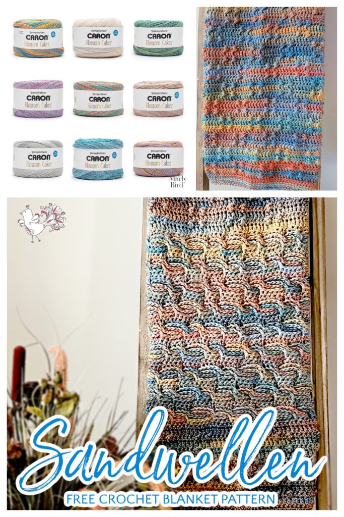 Sandwellen - Textured Crochet Blanket Pattern with Caron Blossom Cakes. Marly Bird