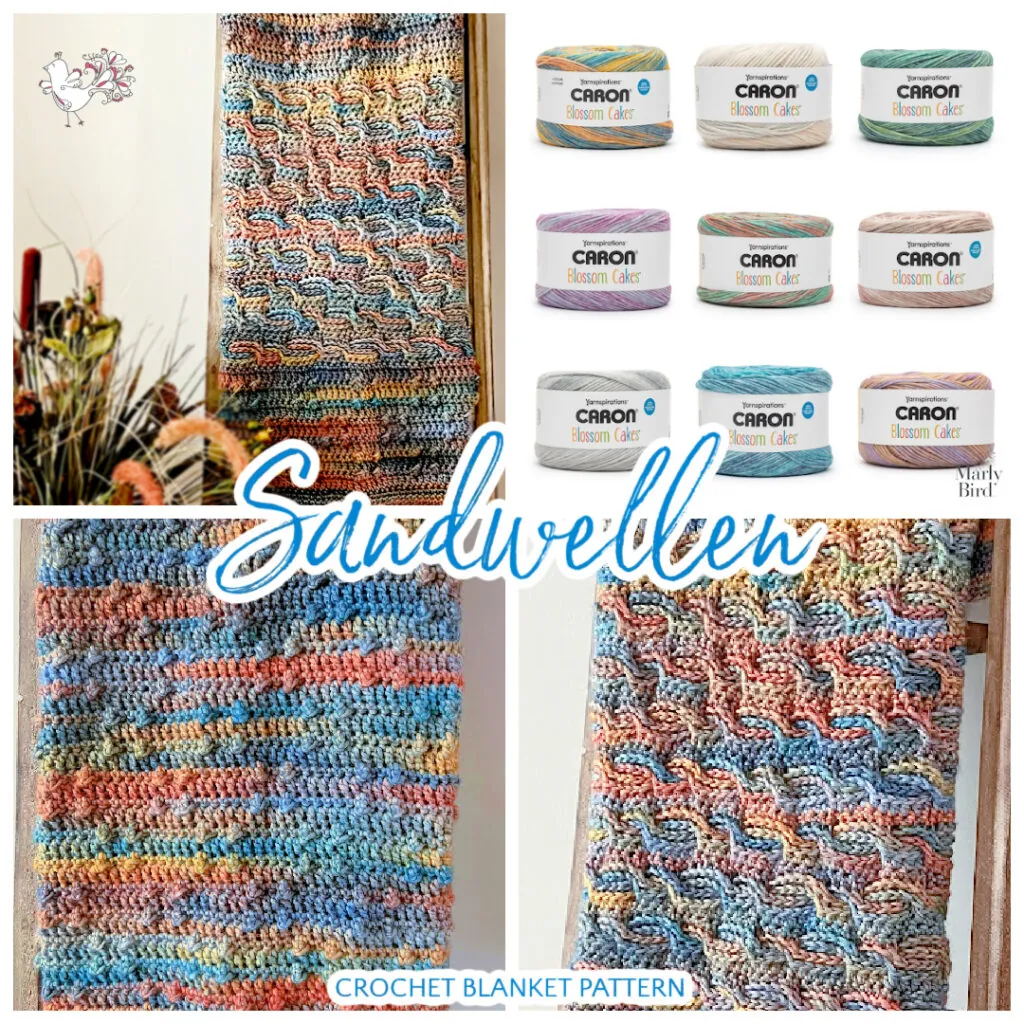 A multicolored crochet blanket hangs over a rail. Nine skeins of Caron Blossom Cakes yarn in different colors are shown. The text reads "Sandweller Crochet Blanket Pattern. -Marly Bird