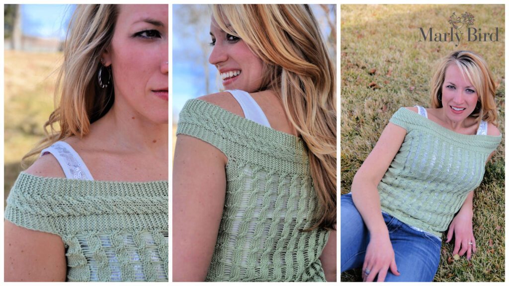 Collage of a woman modeling a green knit top in three different poses. Left: Close-up of her face and shoulder. Center: Back view, highlighting the intricate Knit Openwork Lace pattern. Right: Seated on grass, smiling and looking at the camera. "Marly Bird" logo in the top right corner. Top is the Savannah Shutters Knit top pattern -Marly Bird