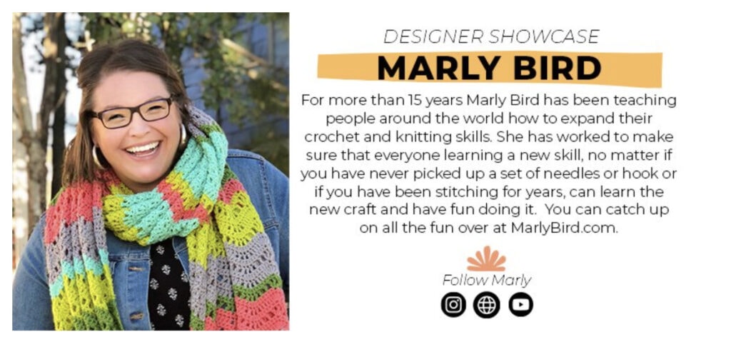 Designer Showcase Marly Bird, image of Marly wearing the Calor Wrap. Paragraph about Marly Bird.