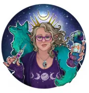 A woman with glasses and wavy hair wears a crescent moon crown and cosmic shirt. She holds yarn and a crochet hook, ready for 24 days of quickies, with a teal wolf beside her against a starry night sky. -Marly Bird