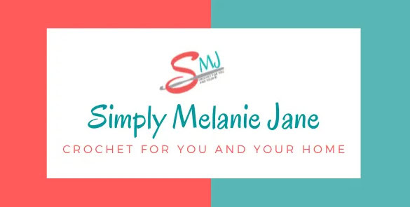 A logo with "Simply Melanie Jane" in teal script and "CROCHET FOR YOU AND YOUR HOME" in red uppercase letters, set against a white rectangle on a split coral and teal background—perfect for the 24 Days of Quickies event. -Marly Bird