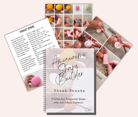 Three pages from an amigurumi crochet guide are shown. The cover reads "Amigurumi Shape Builder Cheat Sheets." Inside, discover 24 days of quickies with crochet instructions, patterns, and step-by-step photo tutorials for making 3D shapes. -Marly Bird