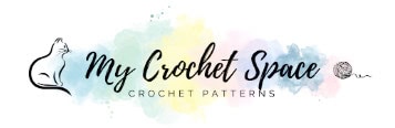 Logo with a black outline of a sitting cat, the text “My Crochet Space” in script, “CROCHET PATTERNS” below, and a yarn ball with trailing thread—perfect for fans of the 24 days of quickies—over a pastel watercolor background. -Marly Bird