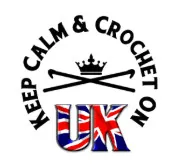 The image shows the phrase "KEEP CALM & CROCHET ON" around a crown and two crossed crochet hooks, with "UK" below in large letters filled with the British flag pattern—perfect inspiration for 24 days of quickies crochet projects. -Marly Bird