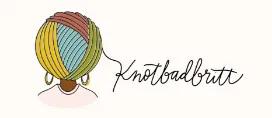 Illustration of a person seen from behind with colorful, wrapped hair, large hoop earrings, and the text "Knotbadbritt" in cursive script beside the image, inspired by the 24 days of quickies event. -Marly Bird