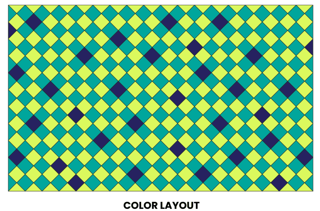 Colorful geometric pattern of alternating diamond shapes in teal, yellow, blue, and green, creating a checkered lattice effect. Text below reads “COLOR LAYOUT”. -Marly Bird