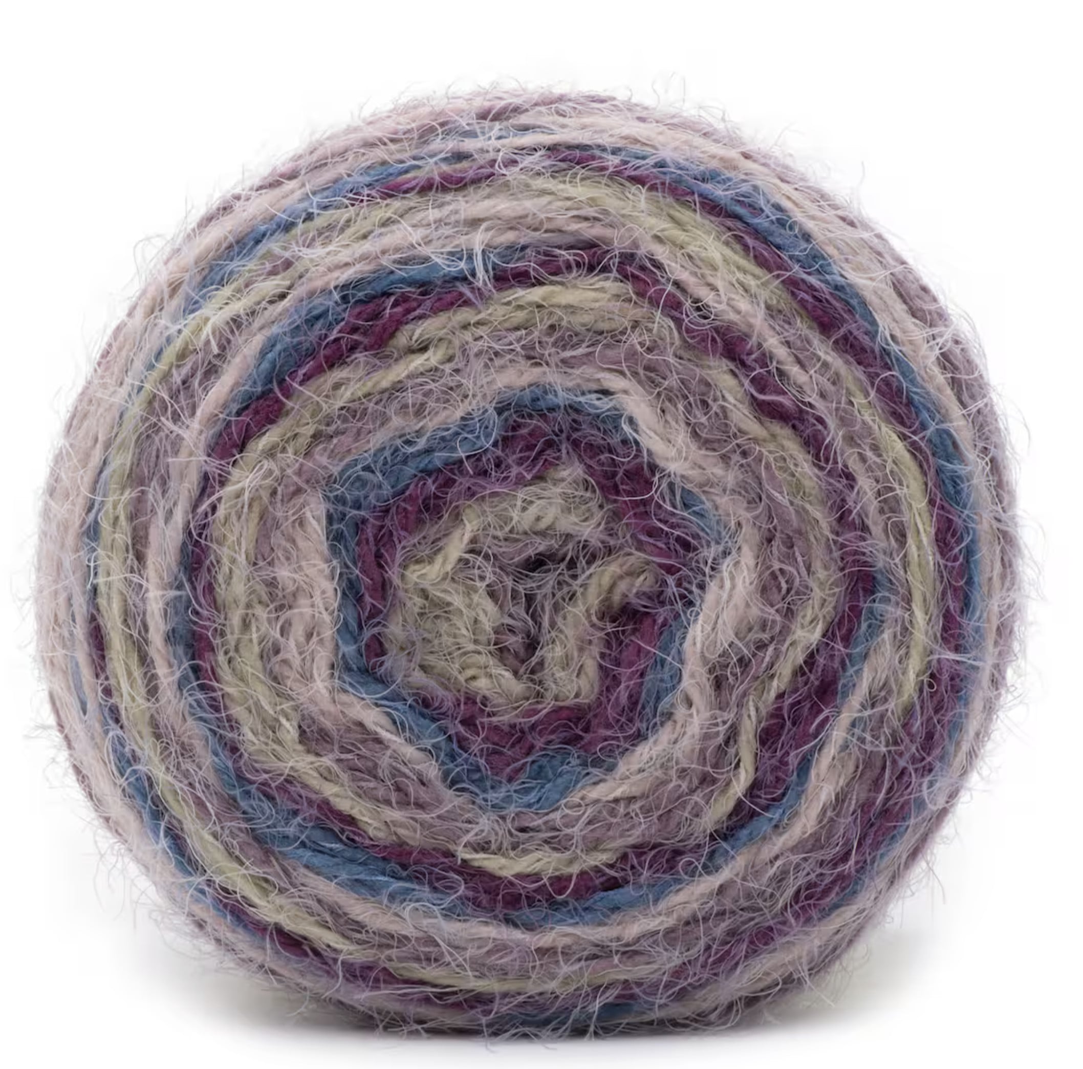 Close-up of a fuzzy yarn ball with rings of light purple, blue, gray, and olive green on a white background.