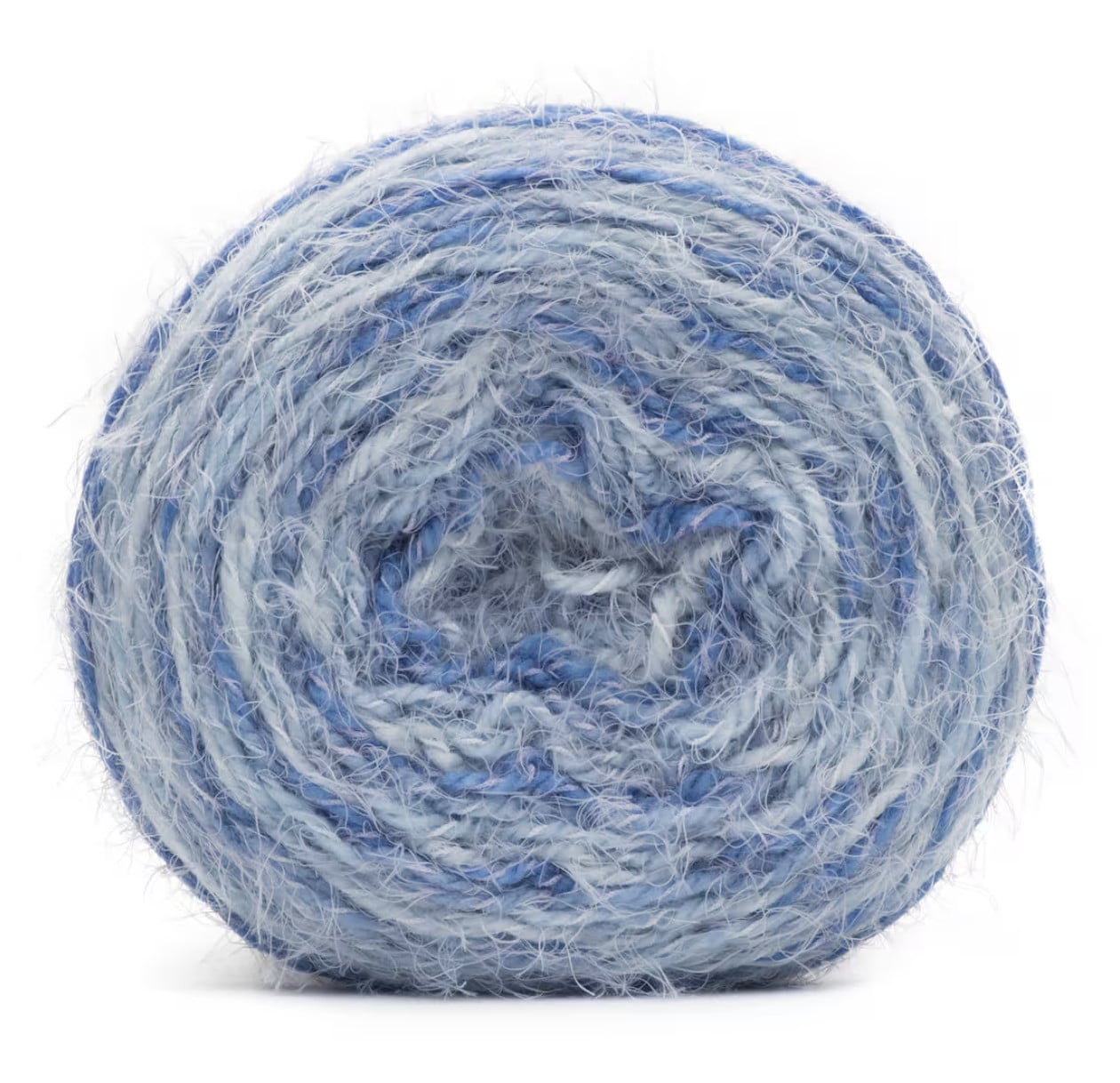 Close-up of a ball of fuzzy light blue and white yarn with soft texture and visible fibers against a white background.