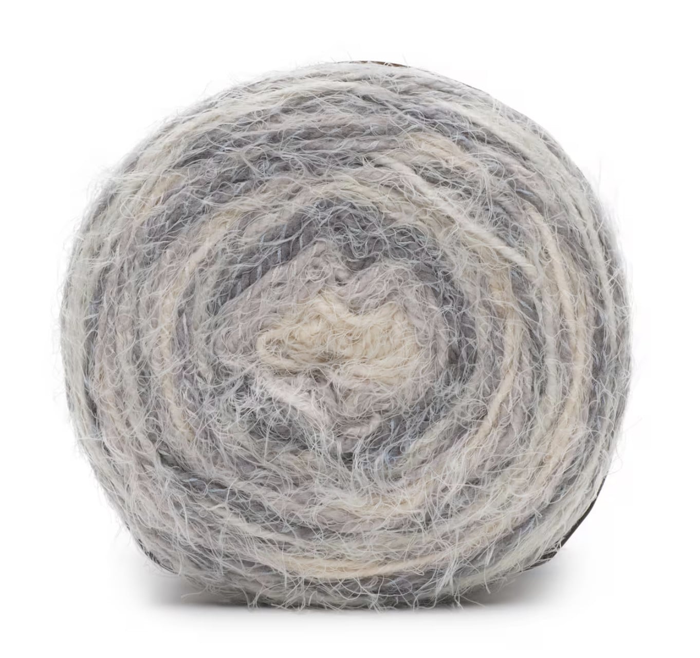 Close-up of a fuzzy yarn ball in gray and off-white tones, neatly coiled on a white background.