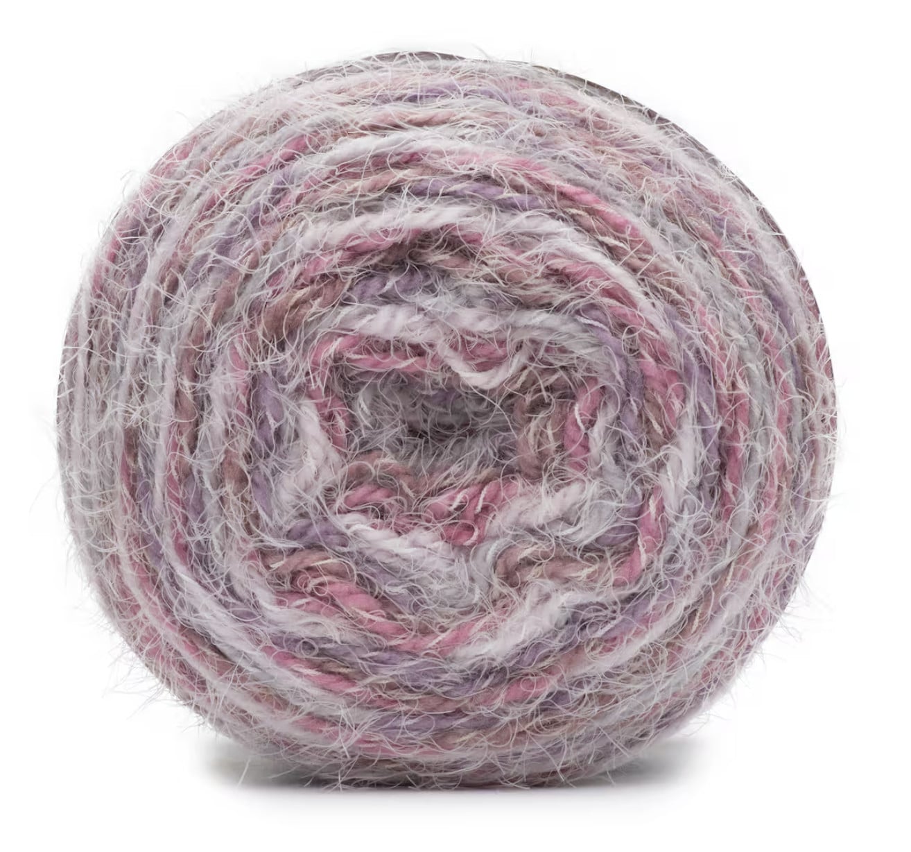 Fuzzy yarn ball in muted pink, lavender, and gray tones with a soft, textured spiral—ideal for making a Woobie Poncho.